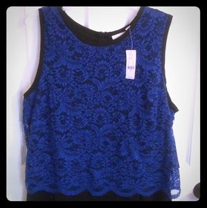 Size 18, Blue lace top on a black jumpsuit